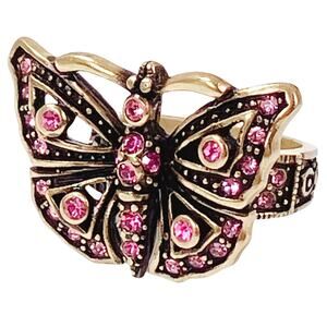 Signed Heidi Daus Pink Swarovski Crystal Butterfly Gold Tone Ring Size 6.75 VTG